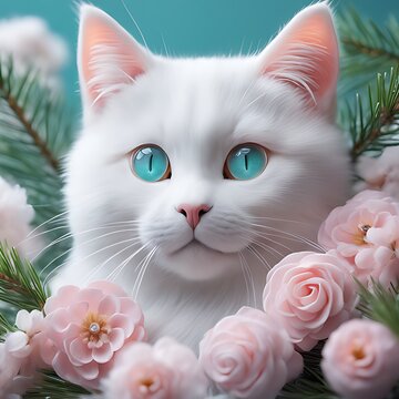 cat with flowers, cat in the window, cat in the garden, AI images, pet, animal cat, white cat
