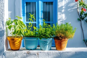Fototapeta na wymiar Fresh green herbs basil, rosemary and coriander in pots on the terrace of a Greek house