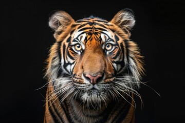 Front view of Sumatran tiger isolated on black background. Portrait of Sumatran tiger (Panthera tigris sumatrae)