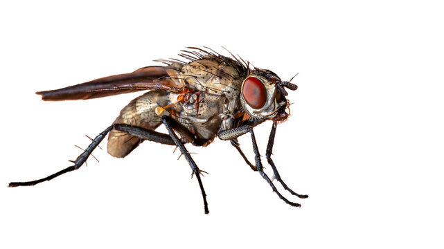 eine freigestellte Stubenfliege Musca domestica auf transparentem Hintergrund