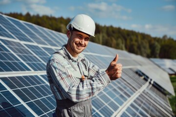 Satisfied worker showing thumbs up gesture while standing near solar panels at power plant