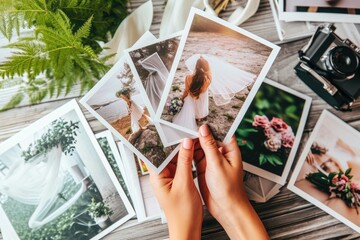 Woman looks at beautiful printed wedding photos - obrazy, fototapety, plakaty
