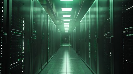 This dynamic shot showcases a corridor in a fully operational data center, brimming with rack servers and supercomputers