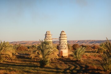 Pigeon towers in the middle of agricultural land in Baharyia oasis in Egypt