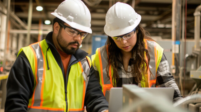 male and female industrial worker or engineer are focused on a laptop
