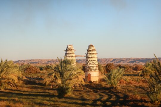 Pigeon towers in the middle of agricultural land in Baharyia oasis in Egypt