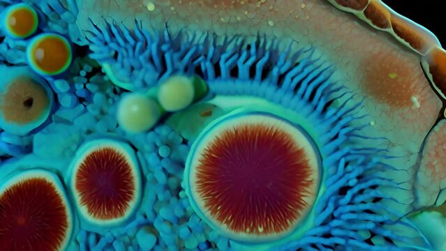 Color microscopic visualization of cellular structures and microorganisms. Concept: scientific research by microbiologists and immunologists