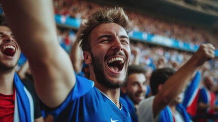 A happy fan is grinning and waving a flag in a stadium, expressing his joy and excitement. AIG41 - obrazy, fototapety, plakaty