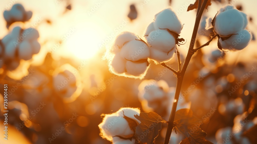 Poster macro shot of cotton balls on a branch in sunlight on a summer field with ample copy space for text
