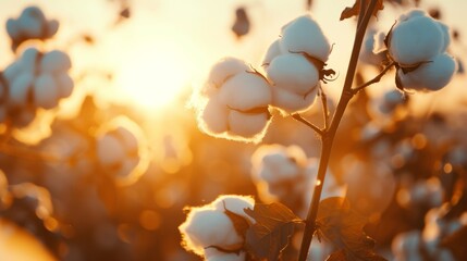 Macro shot of cotton balls on a branch in sunlight on a summer field with ample copy space for text - obrazy, fototapety, plakaty