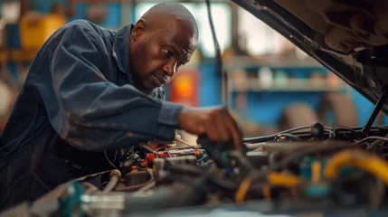 Fotobehang mechanic deeply focused on his work, inspecting or repairing a vehicle in an auto repair shop. © MP Studio