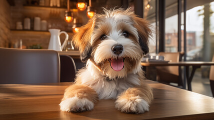Happy dog, terrier, lying on wooden table, in restaurant, afternoon