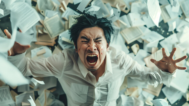 A man wearing a white shirt is surrounded by a clutter of papers in an office setting. The man appears to be frustrated or overwhelmed by the sheer volume of paperwork around him