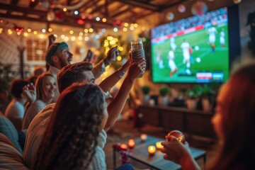 A jovial crowd of friends is raising glasses in a toast while attentively watching a soccer game on a television in a cozy bar decorated with lights. AIG41 - Powered by Adobe