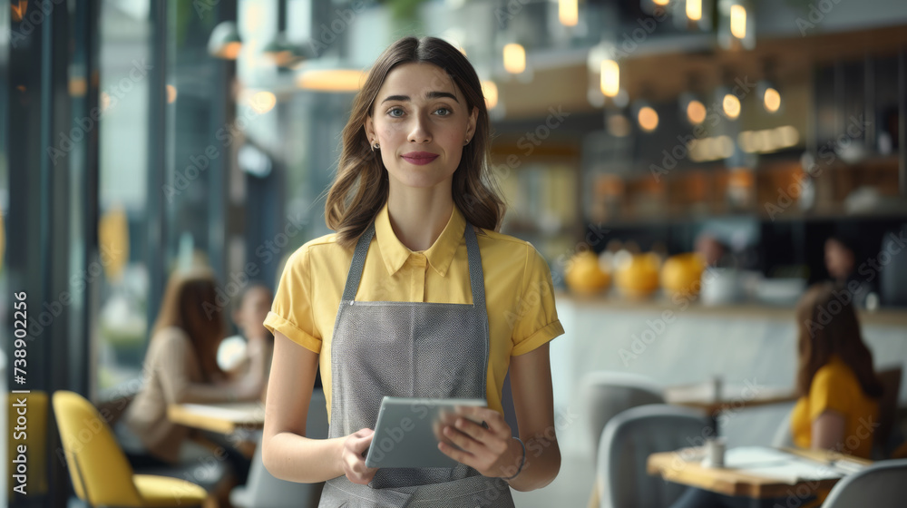 Sticker A young woman in a yellow shirt and apron is holding a tablet, standing in a restaurant with seating and customers in the background.