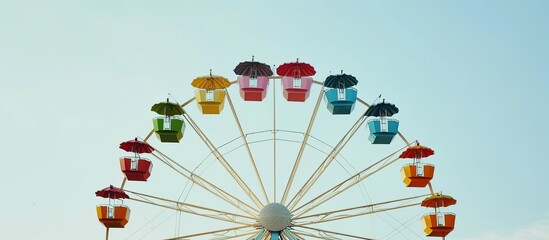 a colorful ferris wheel spinning against the sky in the background