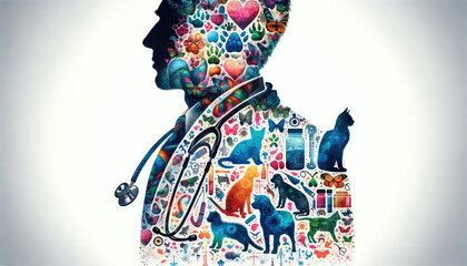 Veterinary Doctor Silhouette with Animal Care Imagery