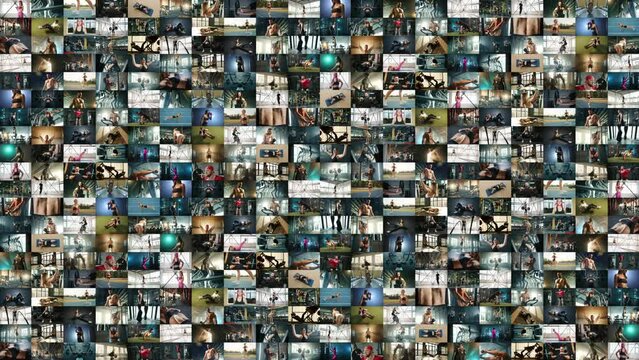 A collage of 400 videos where diverse people engage in sports activities in various gyms. Men and women of different ages perform various exercises, demonstrating their aspiration to improve.