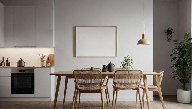 Horizontal ISO A1 frame mockup, reflective glass, mockup artwork in a contemporary kitchen. Interior mockup. Scandinavian-inspired interior design. 3D render. 