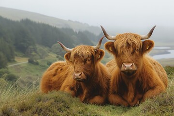 Two brown cows peacefully lying down in a grassy field. - obrazy, fototapety, plakaty