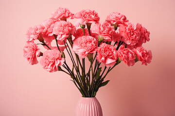 Obraz premium Bouquet of pink carnations close-up in a vase on a pink background, copy space