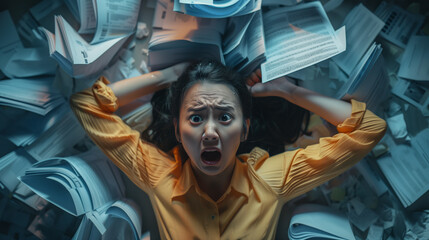 Top view on a female angry asian office worker cluttered with paper documents, overwhelmed by her job - obrazy, fototapety, plakaty