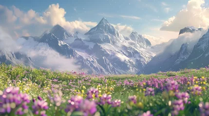 Fotobehang Weide Idyllic mountain landscape of Alps with blooming meadows in springtime