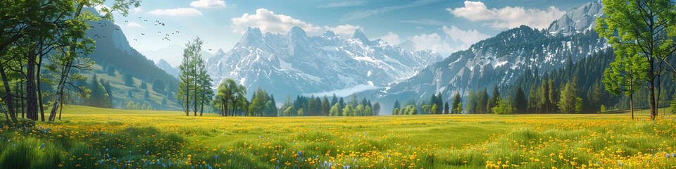 Idyllic mountain landscape of Alps with blooming meadows in springtime