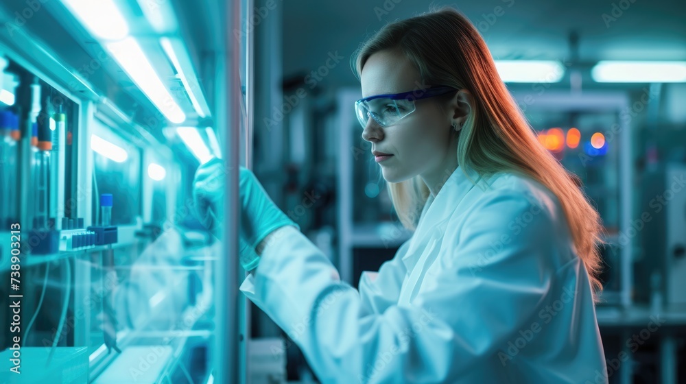 Poster an engineer is conducting experiments in a science lab, wearing a lab coat. aig41