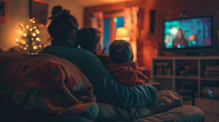 Single mom watches TV with 2 young boys over Christmas Holidays