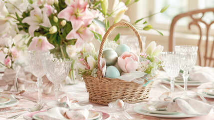Obraz na płótnie Canvas Elegant Easter Table Setting - Festive Easter Feast - Easter Bunny - Easter - Easter Eggs - Chocolate