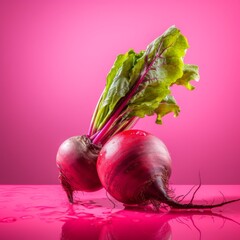 Fresh beetroot on a pink background. Generative AI.