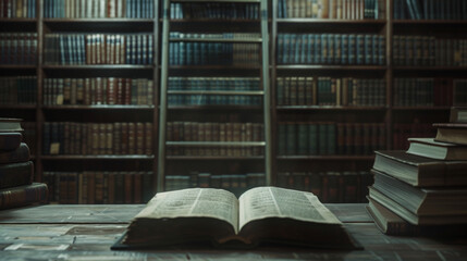 Fototapeta premium assortment of books, some stacked and others open, with a library's bookshelves in the background.