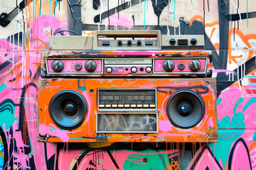 Boombox tape recorder with colorful funky arrows and notes , positioned in front of vibrant graffiti