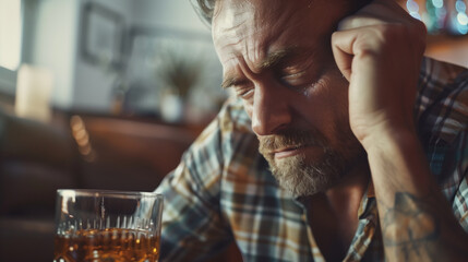 Pensive Middle-Aged Man with Beard Contemplating Over Whiskey Glass.