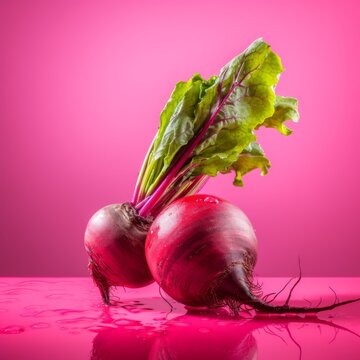 Fresh beetroot on a pink background. Generative AI.