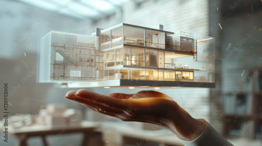 Poster holographic projection of a modern house architecture model being displayed above a person's open ha