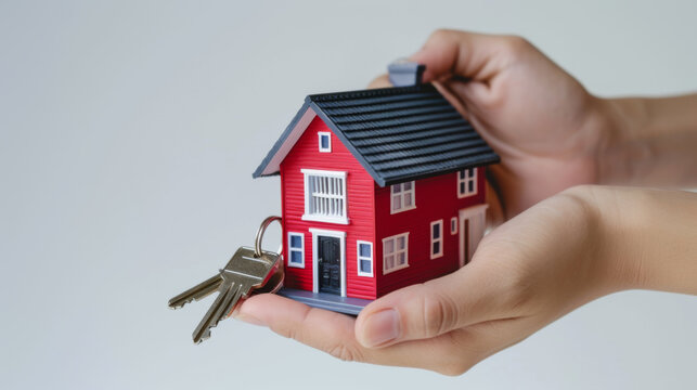 pair of hands holding a small red model house and a set of keys, indicating themes of home ownership, real estate, and property investment.