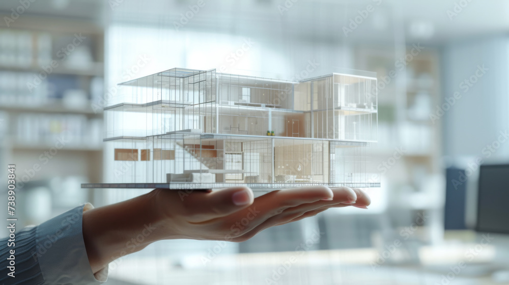 Poster holographic projection of a modern house architecture model being displayed above a person's open ha