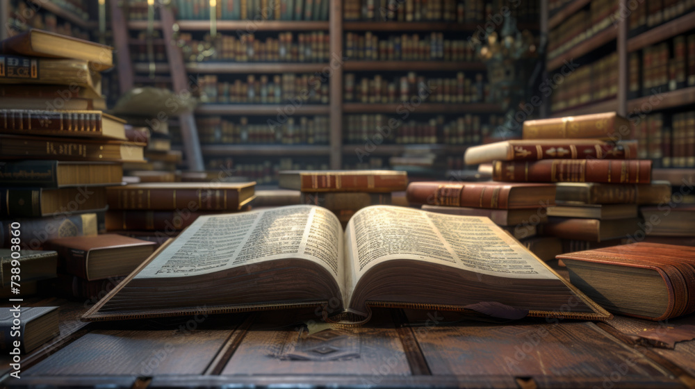 Wall mural open book in the foreground on a wooden desk with a pot of colored pencils to the right, and stacks 