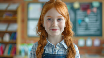 Cheerful Redheaded Schoolgirl with Freckles Smiling in Classroom