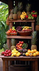 Fototapeta na wymiar Exotic Delights: A Vibrantly Loaded Tropical Fruit Stand Amidst Lush Greenery