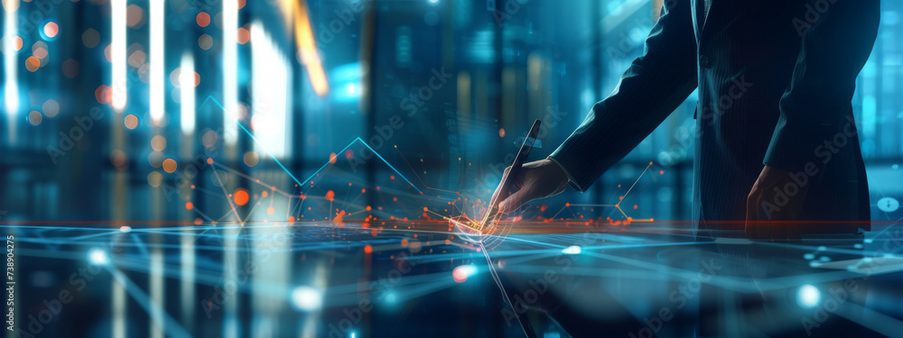 Poster person's hand is using a pen to interact with a futuristic digital interface projected onto a glassy