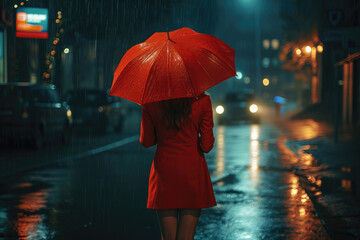 Mysterious Lady in Red: Rainy Night Street Scene
