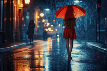 Romantic Rain: Full Length View of Woman in Red, City Night
