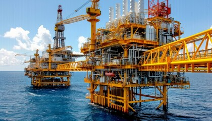 Offshore oil rig platform in open sea on a sunny day with blue ocean surroundings