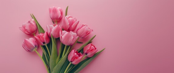 A beautiful composition featuring a bouquet of pink tulips adorning a pink background, providing ample copy space for various design needs