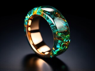 Color Ring with Transparent Crystal and Red Patterns Made of Resin, Handmade Bijouterie