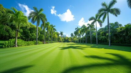 Fototapeta premium Panoramic view of a lush green golf course, providing a stunning landscape for enthusiasts to enjoy.