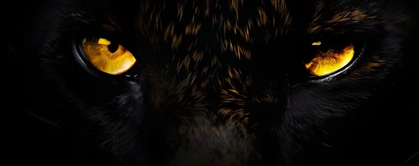 Foto op Plexiglas Glowing yellow eyes against a black background: evoking the image of a black panther. Concept Black Panther, Yellow Eyes, Glowing, Wildlife, Elegance © Ян Заболотний